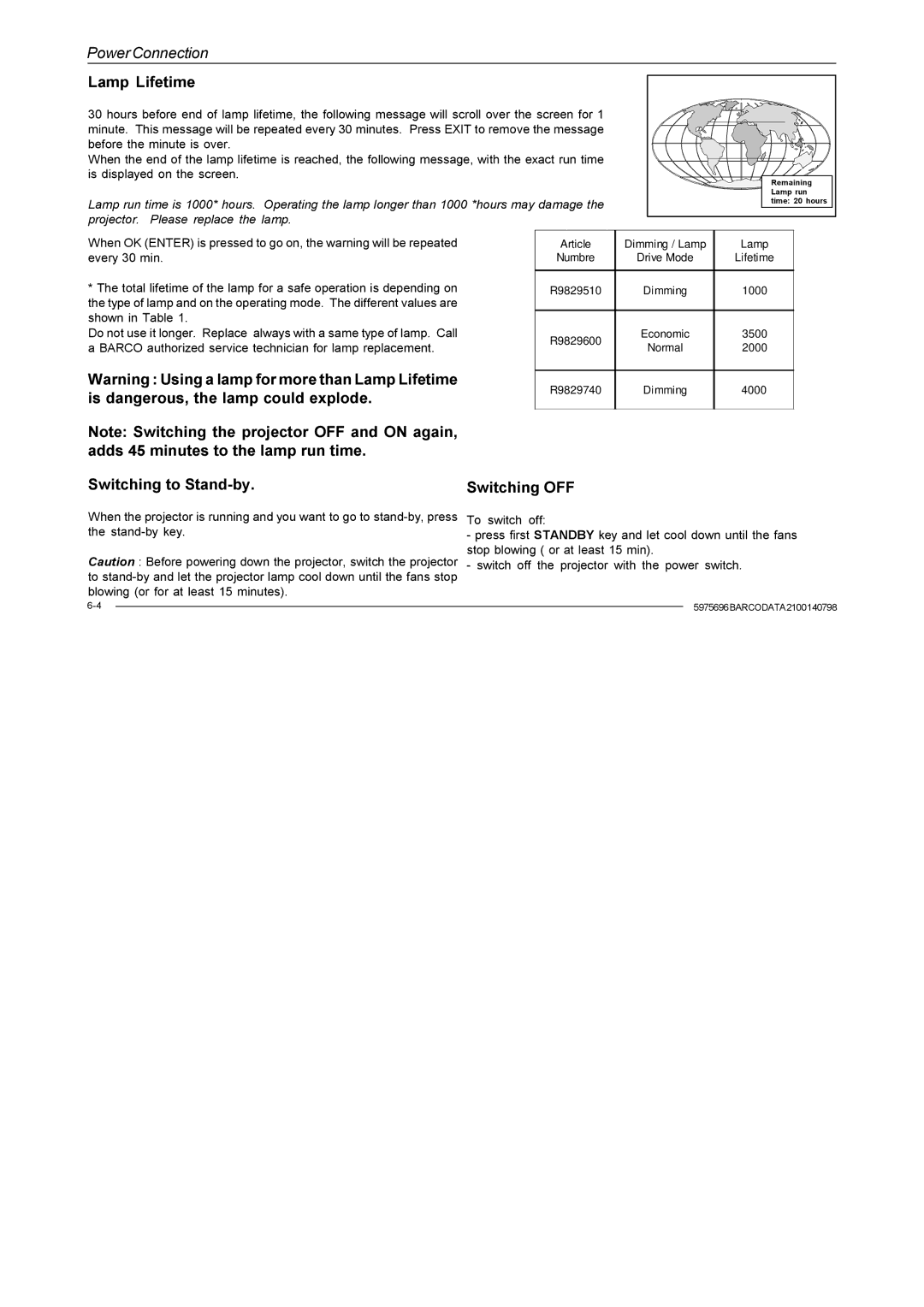 Barco R9001070 owner manual Lamp Lifetime, Switching to Stand-by Switching OFF 