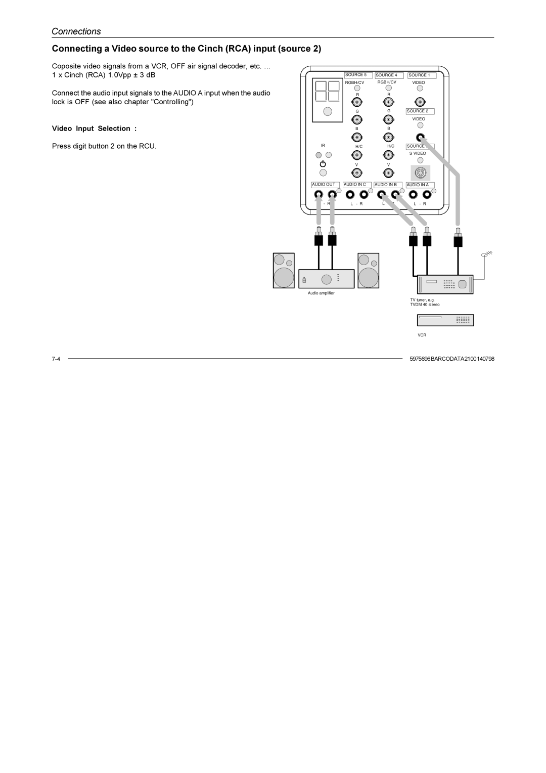 Barco R9001070 owner manual Connecting a Video source to the Cinch RCA input source 