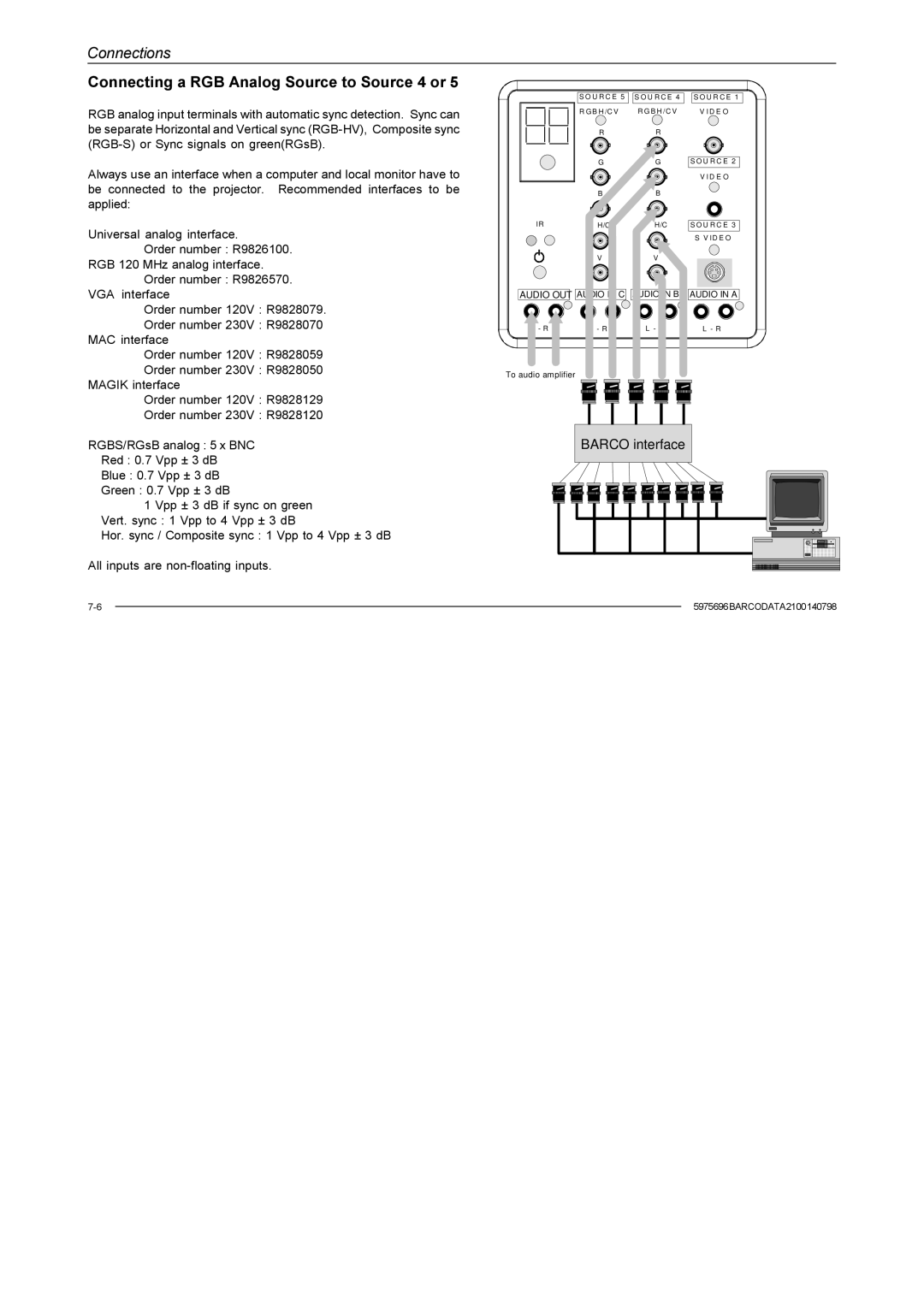 Barco R9001070 owner manual Connecting a RGB Analog Source to Source 4 or 