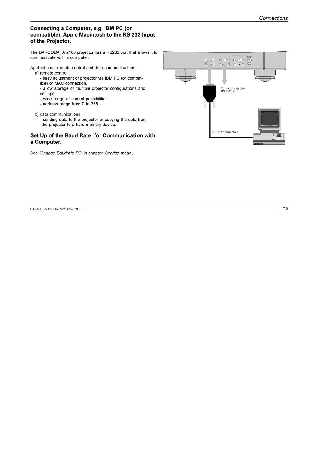 Barco R9001070 Set Up of the Baud Rate for Communication with a Computer, See Change Baudrate PC in chapter Service mode 