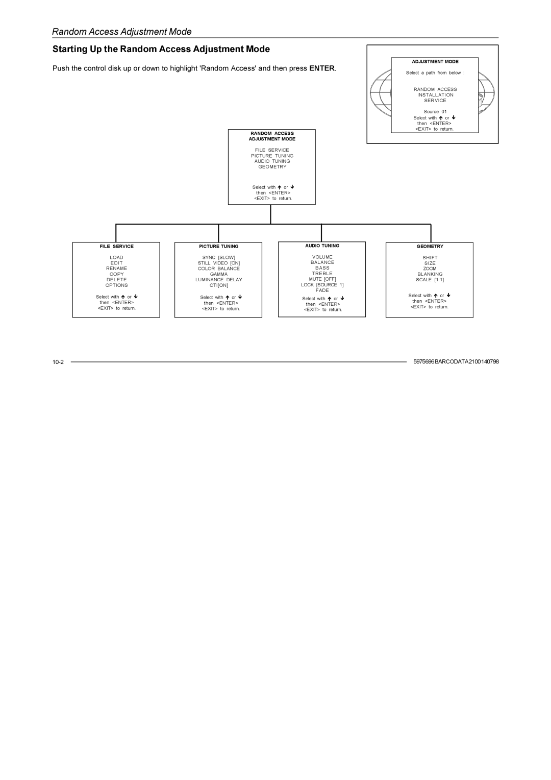 Barco R9001070 owner manual Starting Up the Random Access Adjustment Mode 