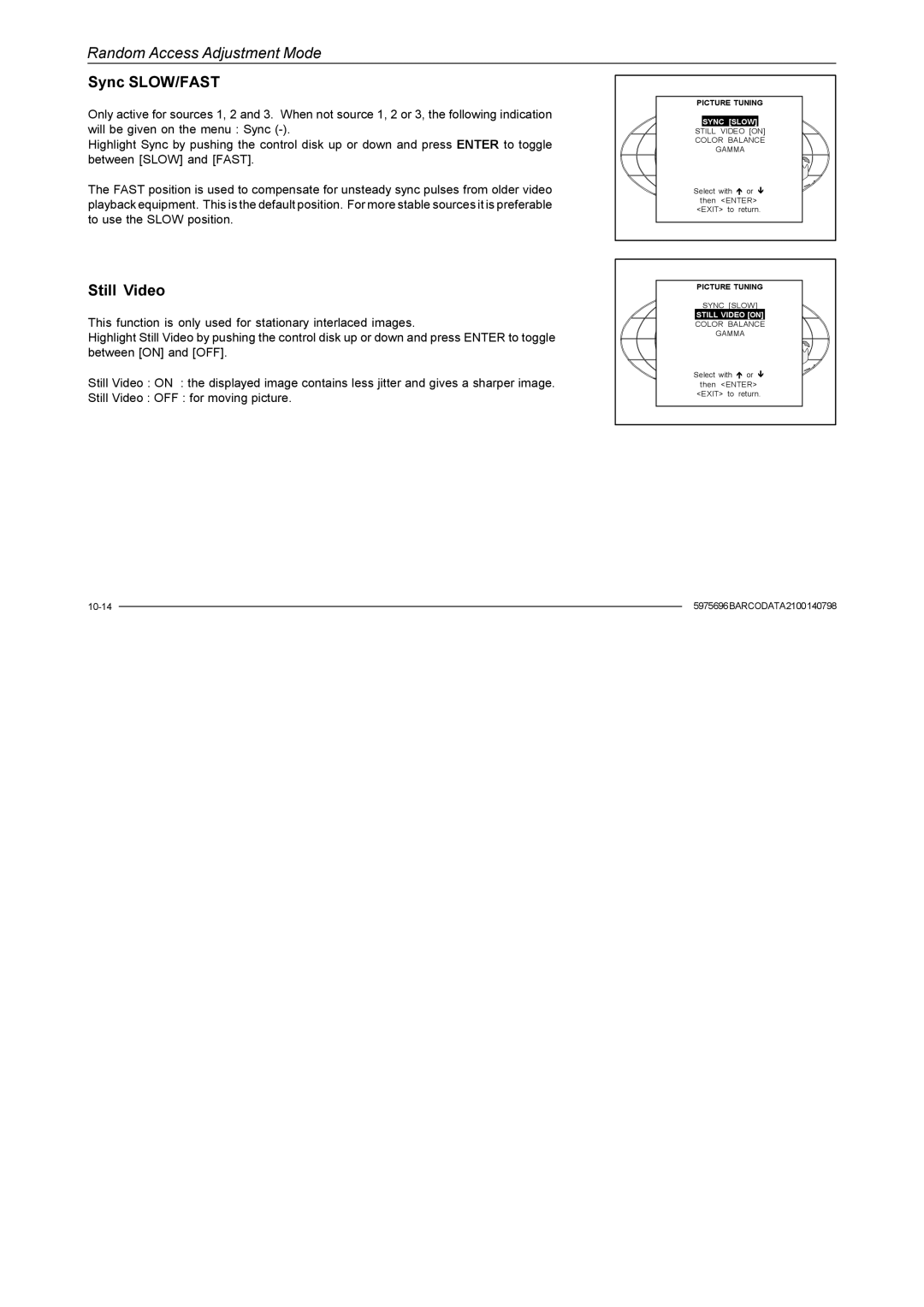 Barco R9001070 owner manual Sync SLOW/FAST, Still Video, Sync Slow 