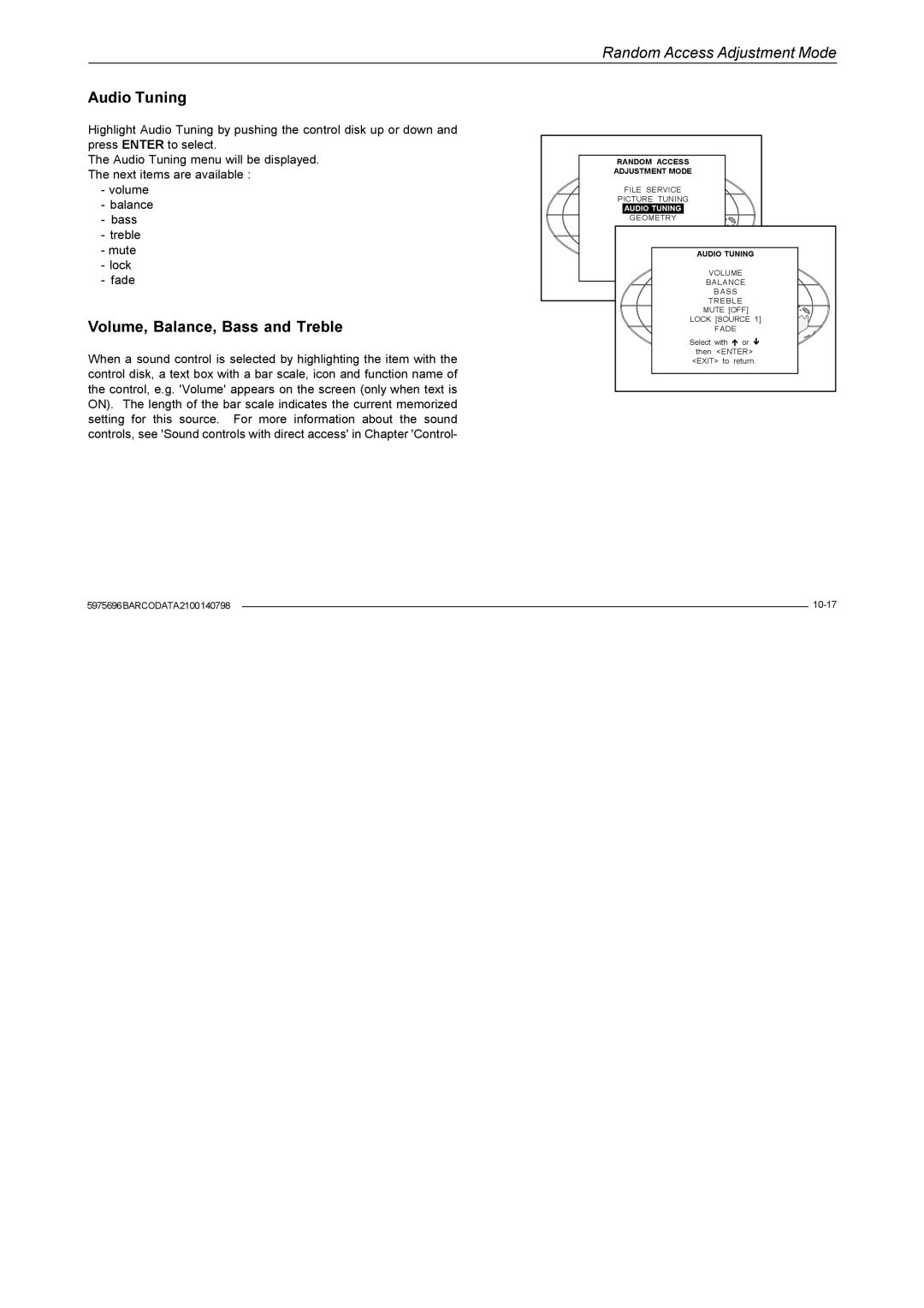 Barco R9001070 owner manual Audio Tuning, Volume, Balance, Bass and Treble 