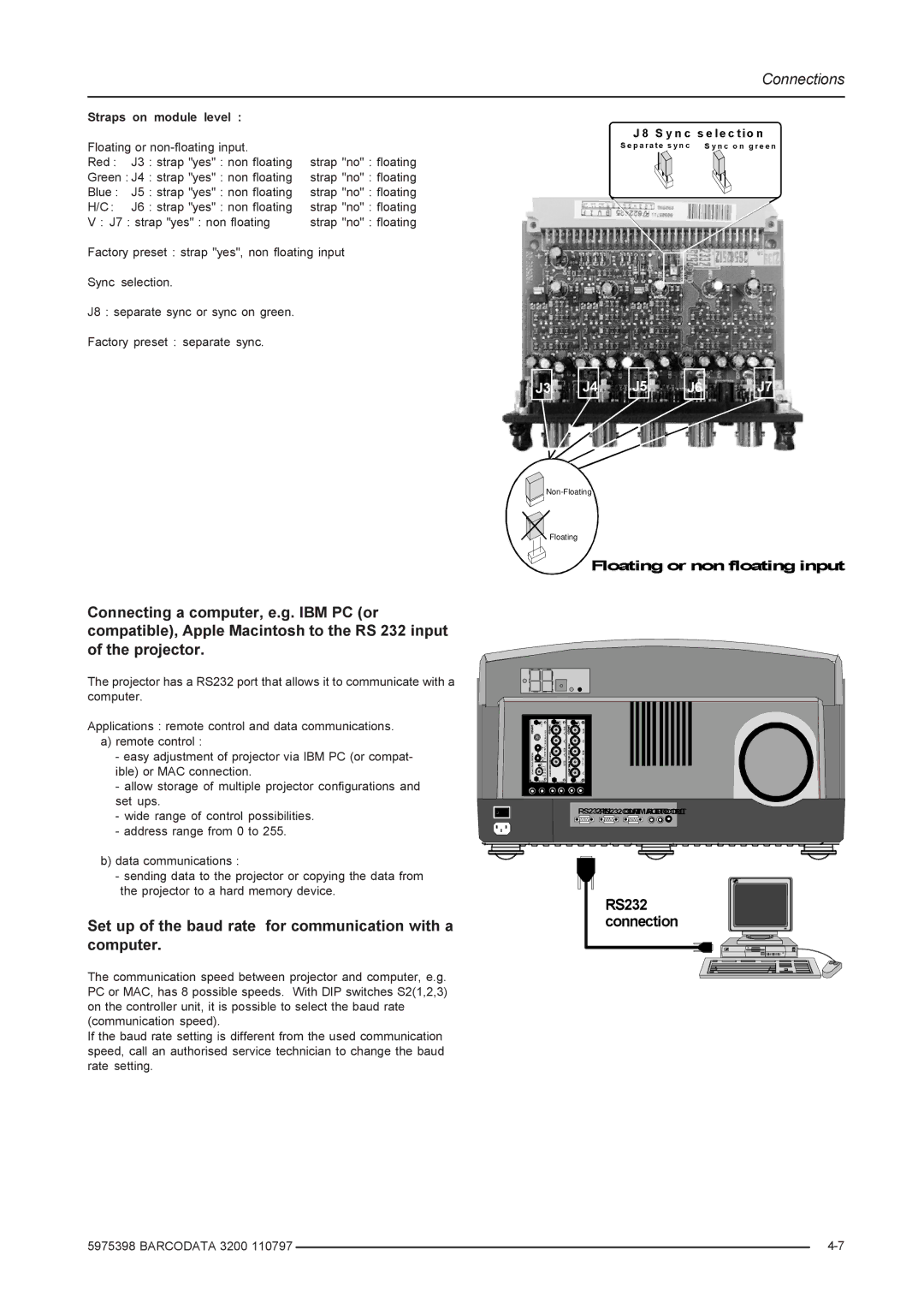 Barco R9001190 manual Set up of the baud rate for communication with a computer 