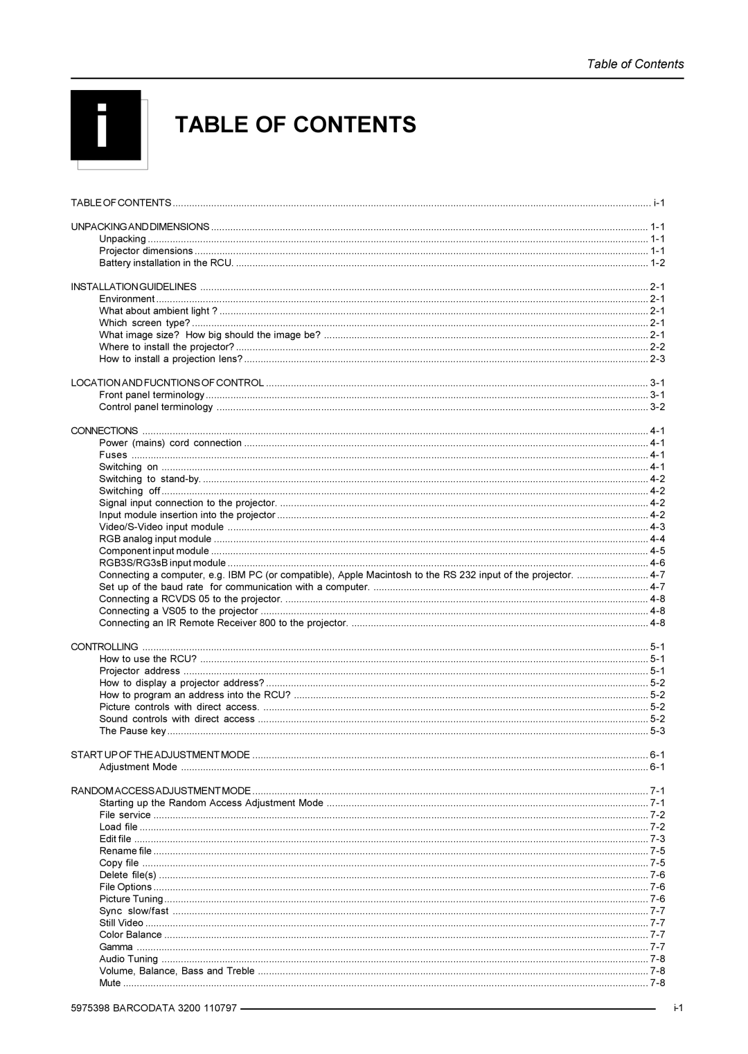 Barco R9001190 manual Table of Contents 