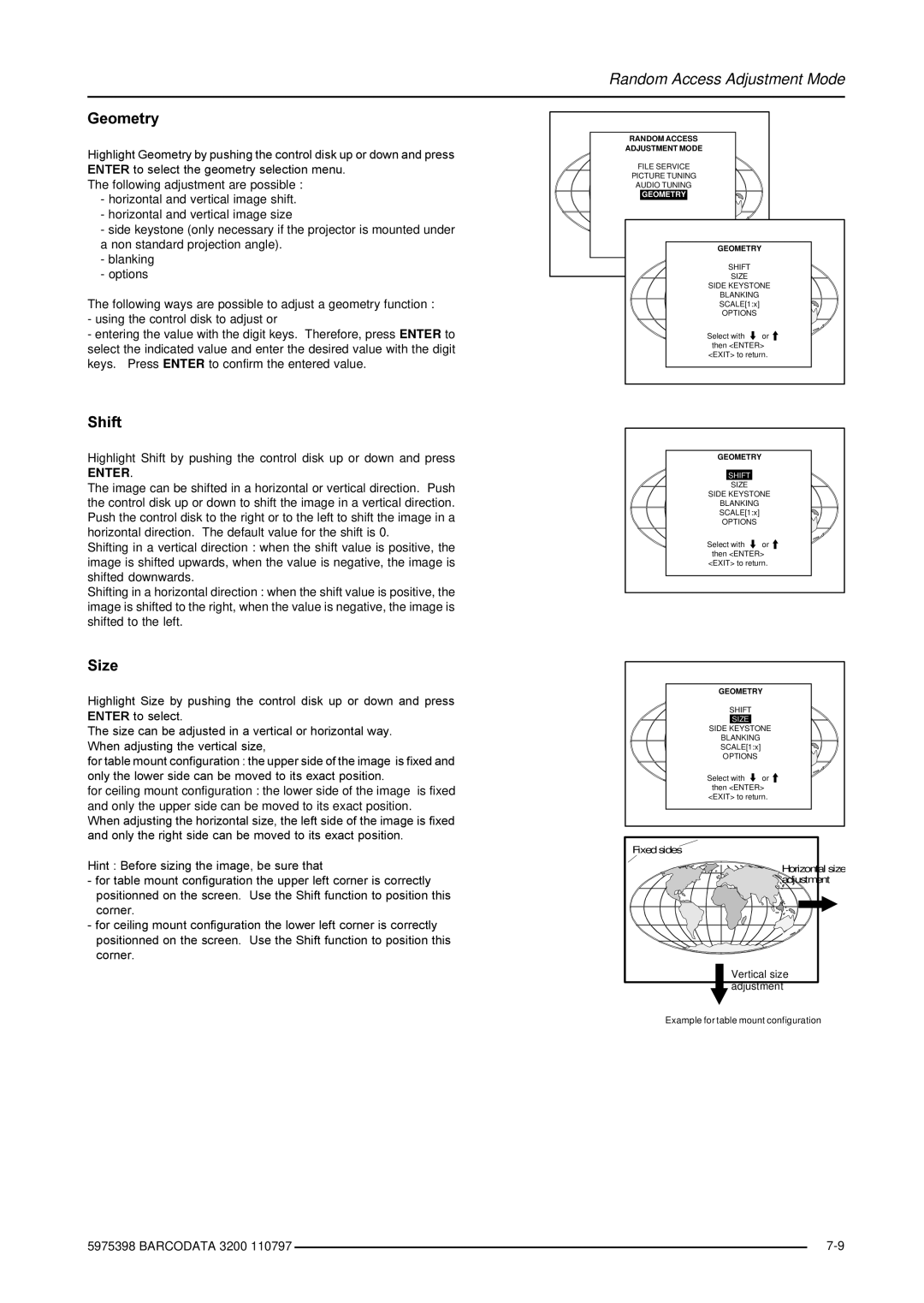 Barco R9001190 manual Geometry, Shift, Size 