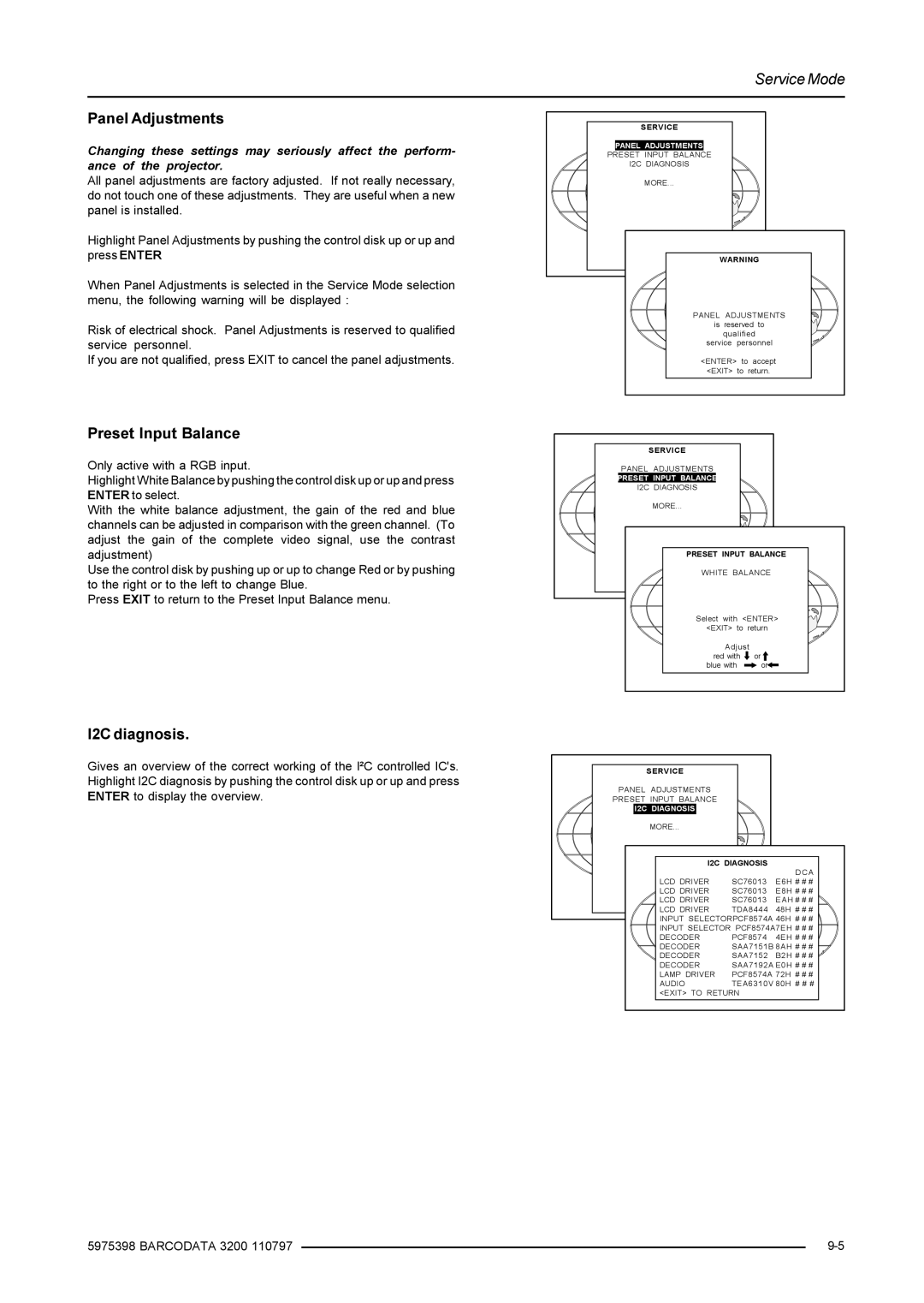 Barco R9001190 manual Panel Adjustments, Preset Input Balance, I2C diagnosis, I2C Diagnosis 