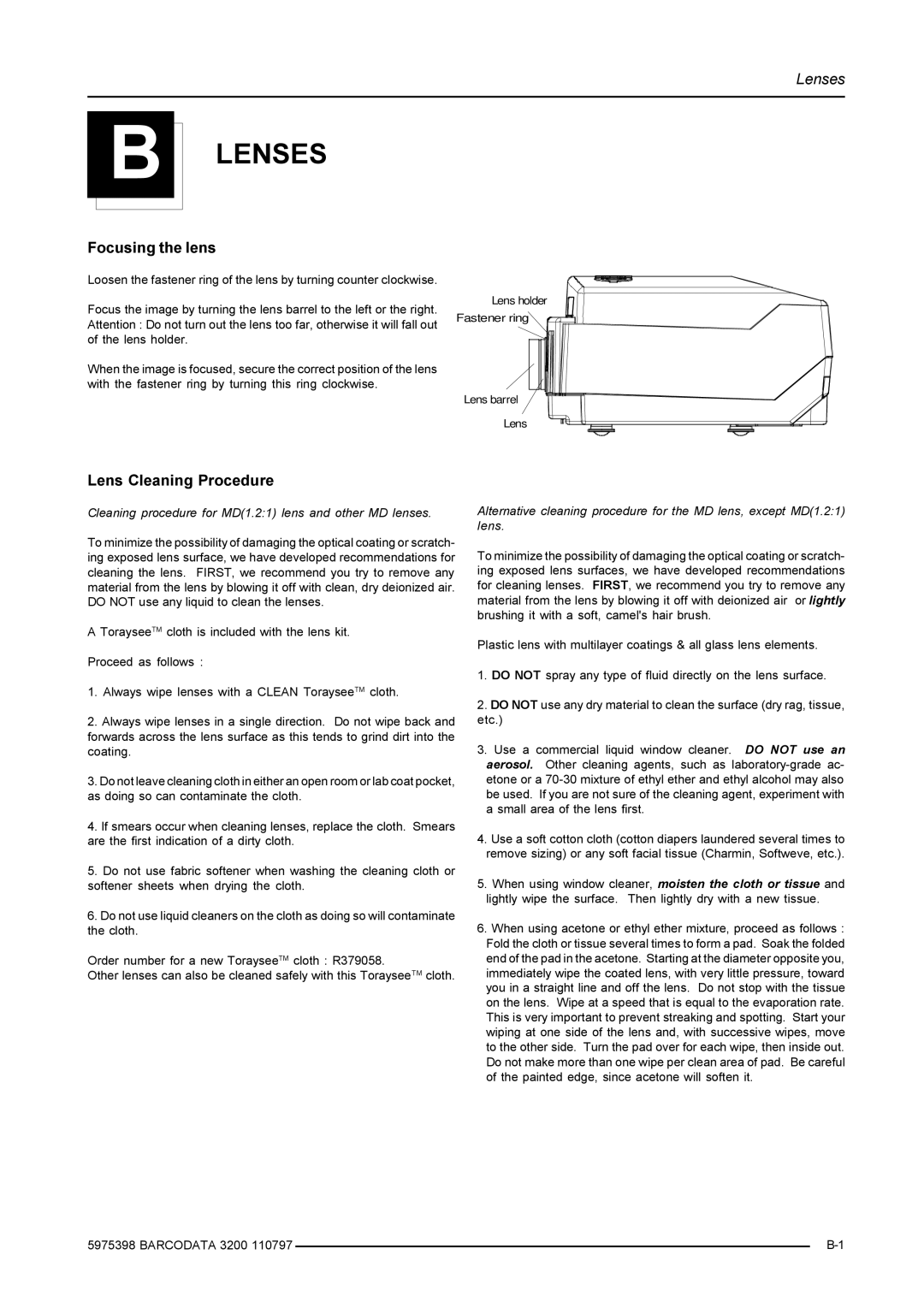 Barco R9001190 manual Lenses, Focusing the lens, Lens Cleaning Procedure 