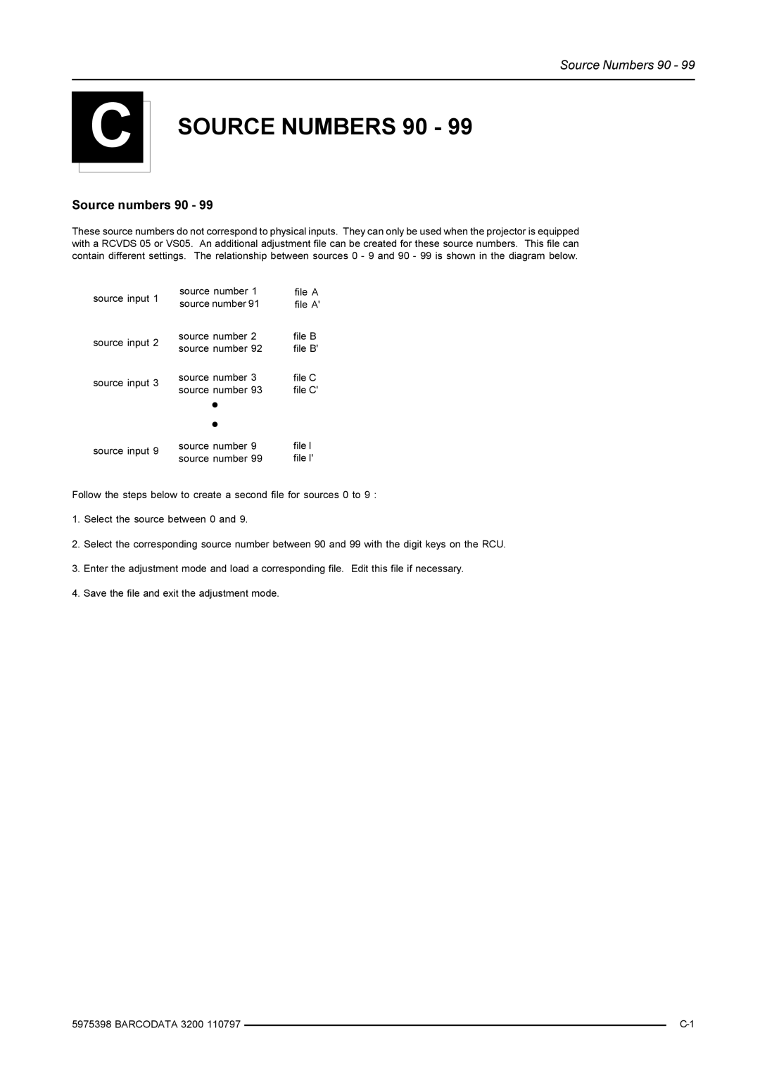 Barco R9001190 manual Source Numbers 90, Source numbers 90 