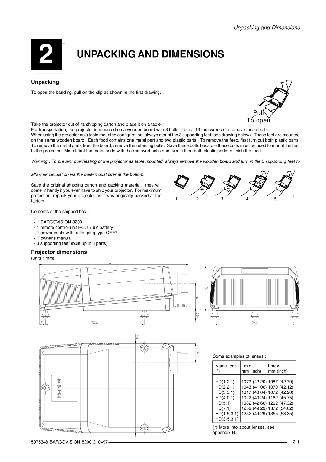 Barco R9001280 owner manual Unpacking, Projector dimensions, Barcovision 