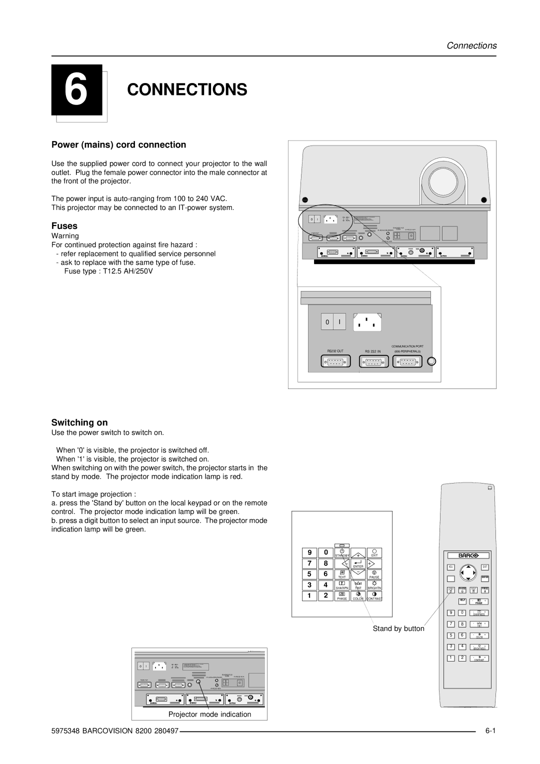 Barco R9001280 owner manual Connections, Power mains cord connection, Fuses, Switching on 