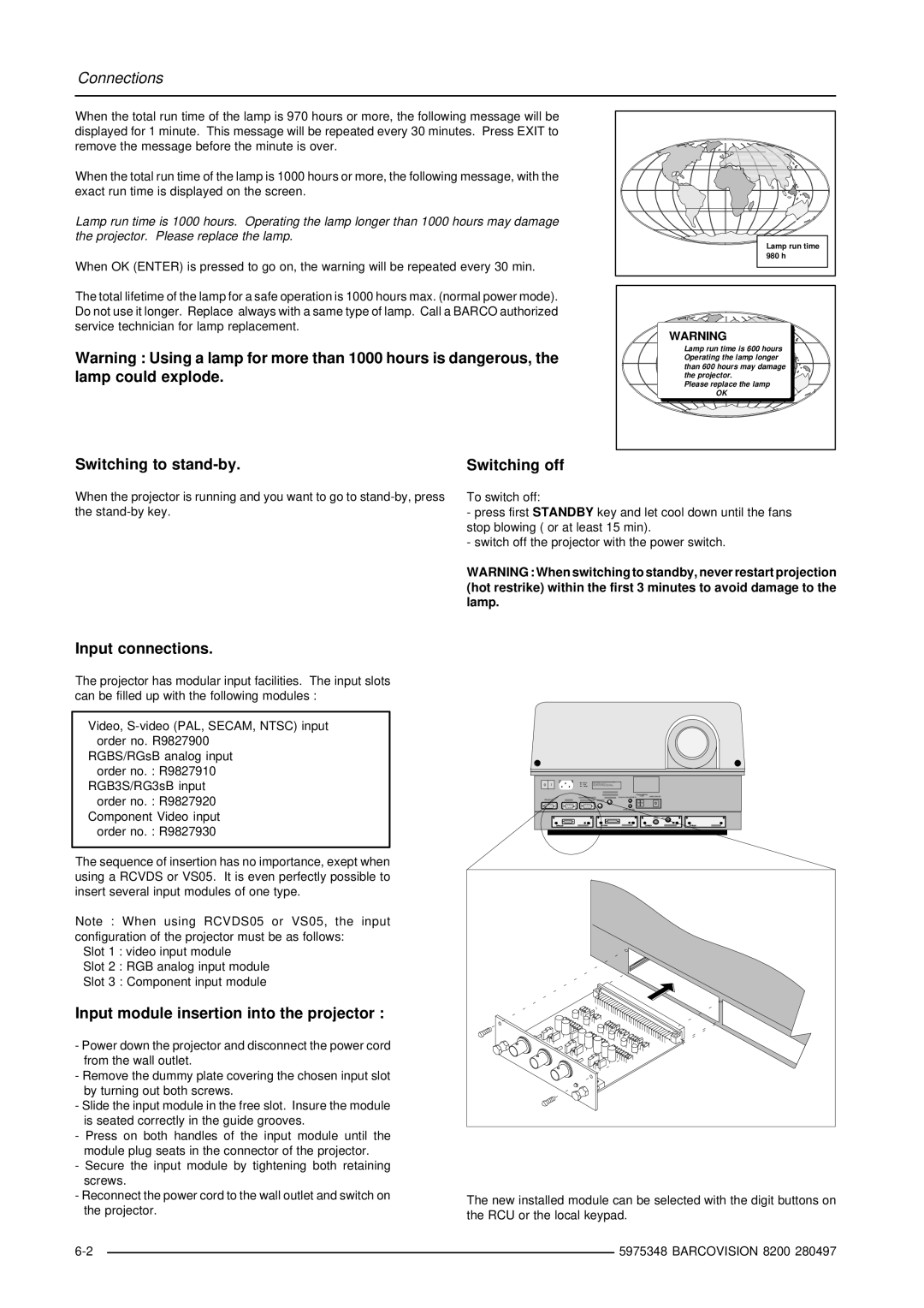 Barco R9001280 Switching to stand-by Switching off, Input connections, Input module insertion into the projector 