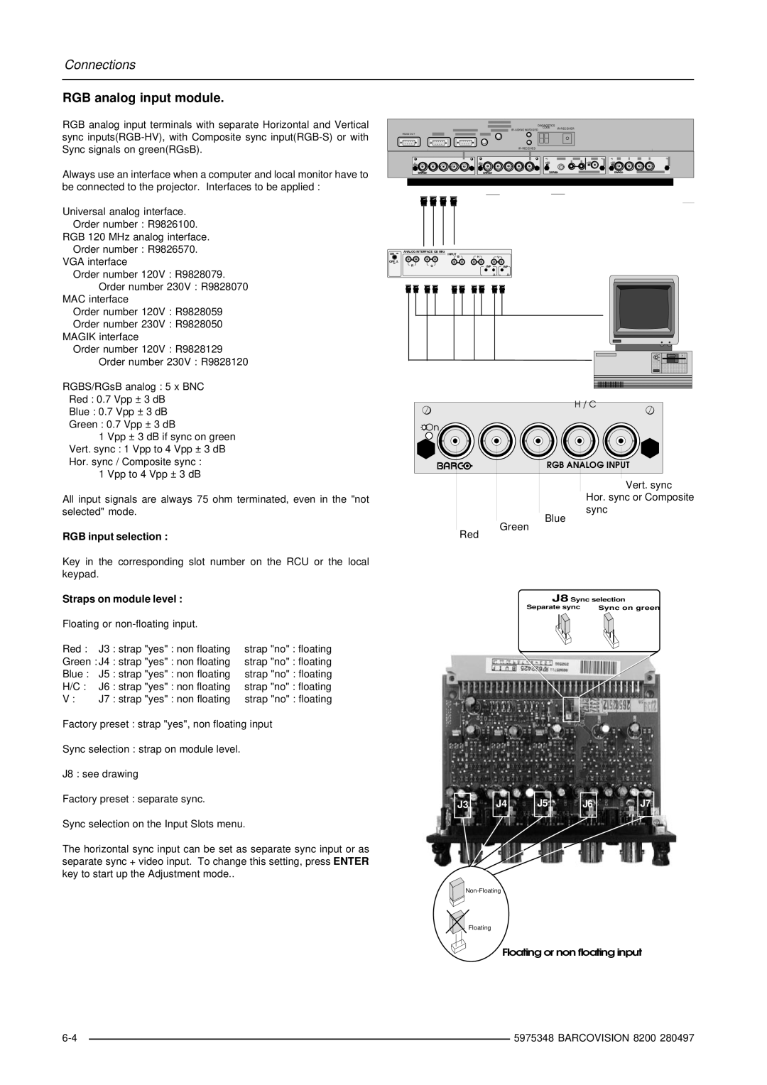 Barco R9001280 owner manual RGB analog input module, RGB input selection 