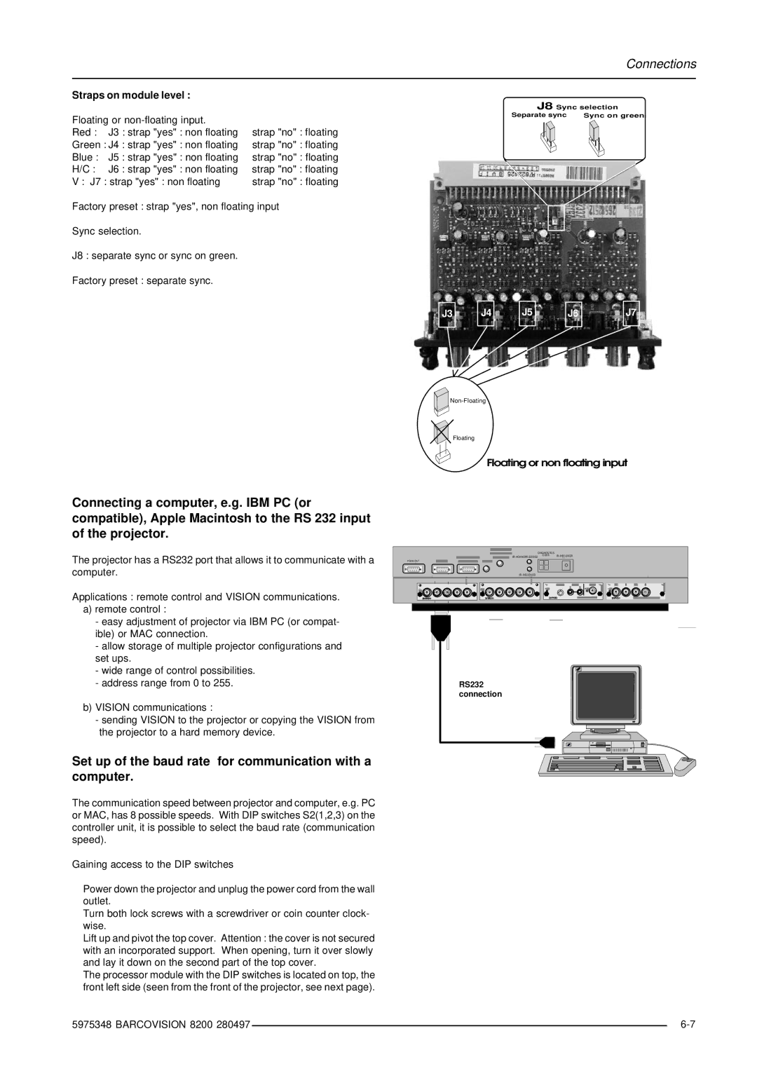 Barco R9001280 owner manual Set up of the baud rate for communication with a computer 