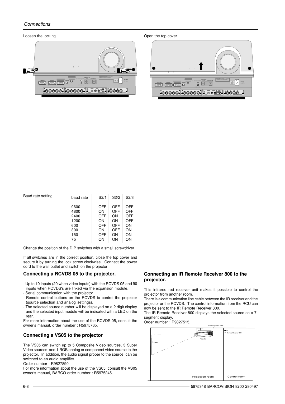 Barco R9001280 owner manual Connecting a Rcvds 05 to the projector, Connecting a VS05 to the projector 