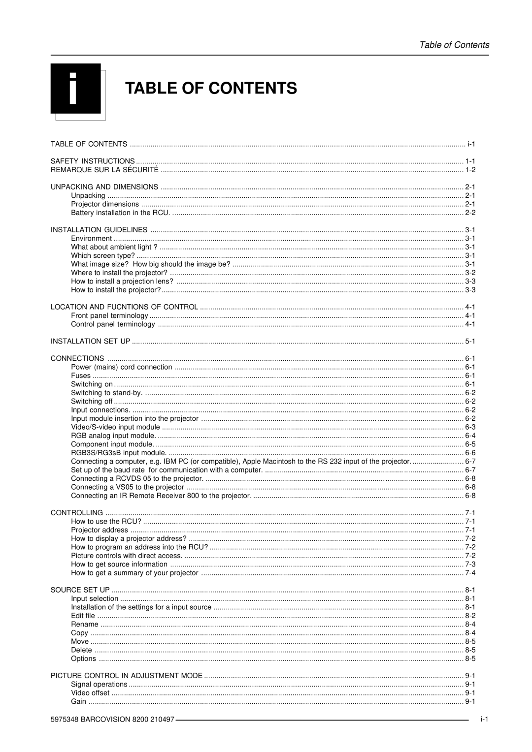 Barco R9001280 owner manual Table of Contents 