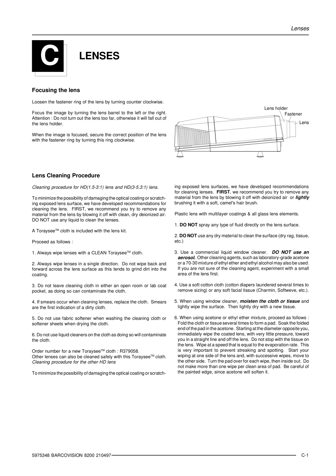 Barco R9001280 owner manual Lenses, Focusing the lens, Lens Cleaning Procedure 