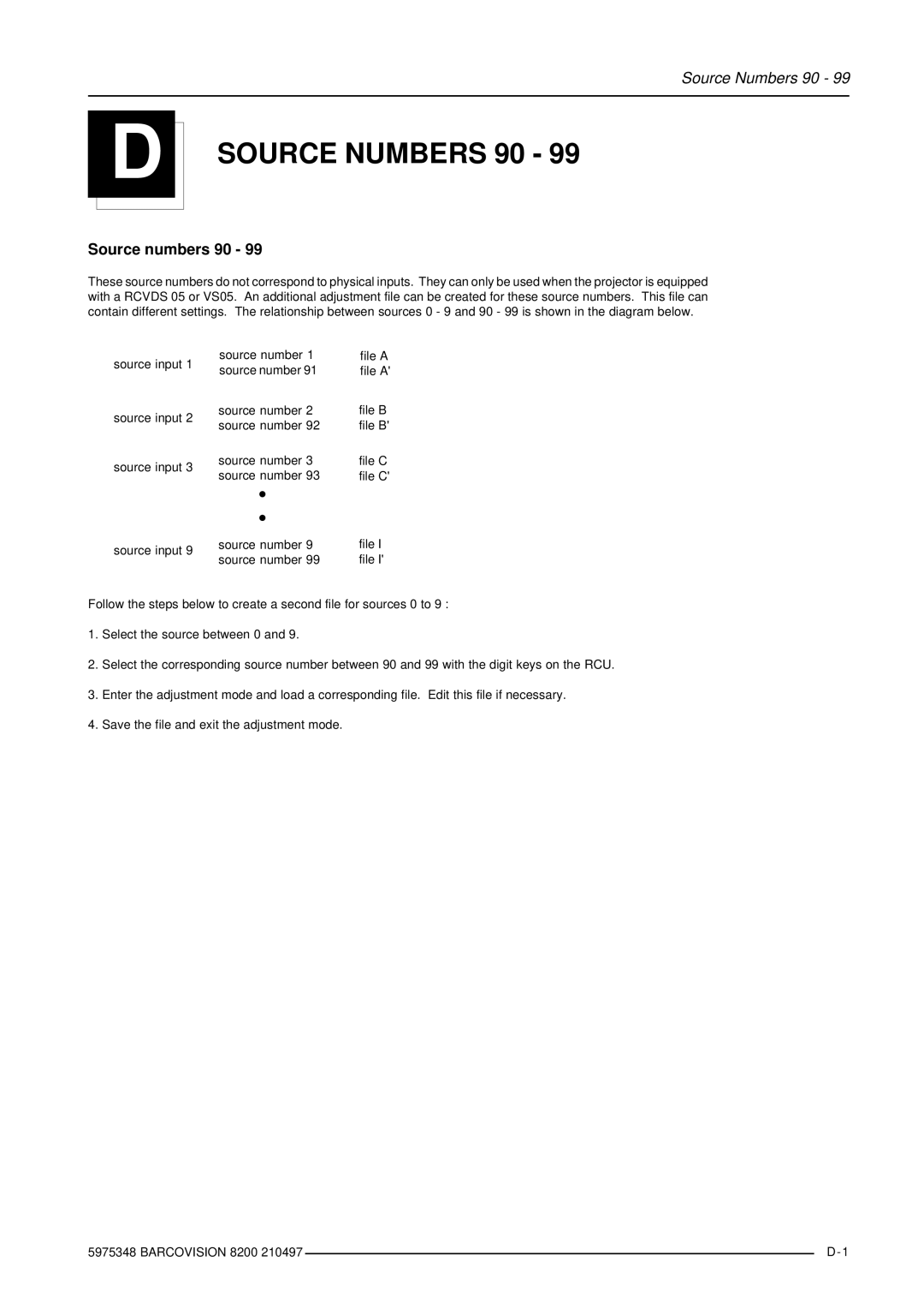 Barco R9001280 owner manual Source Numbers 90, Source numbers 90 