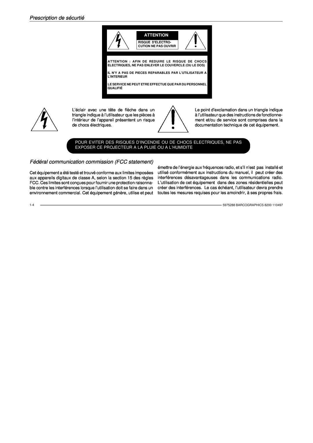Barco R9001330 owner manual Fédéral communication commission FCC statement, Prescription de sécurtié 