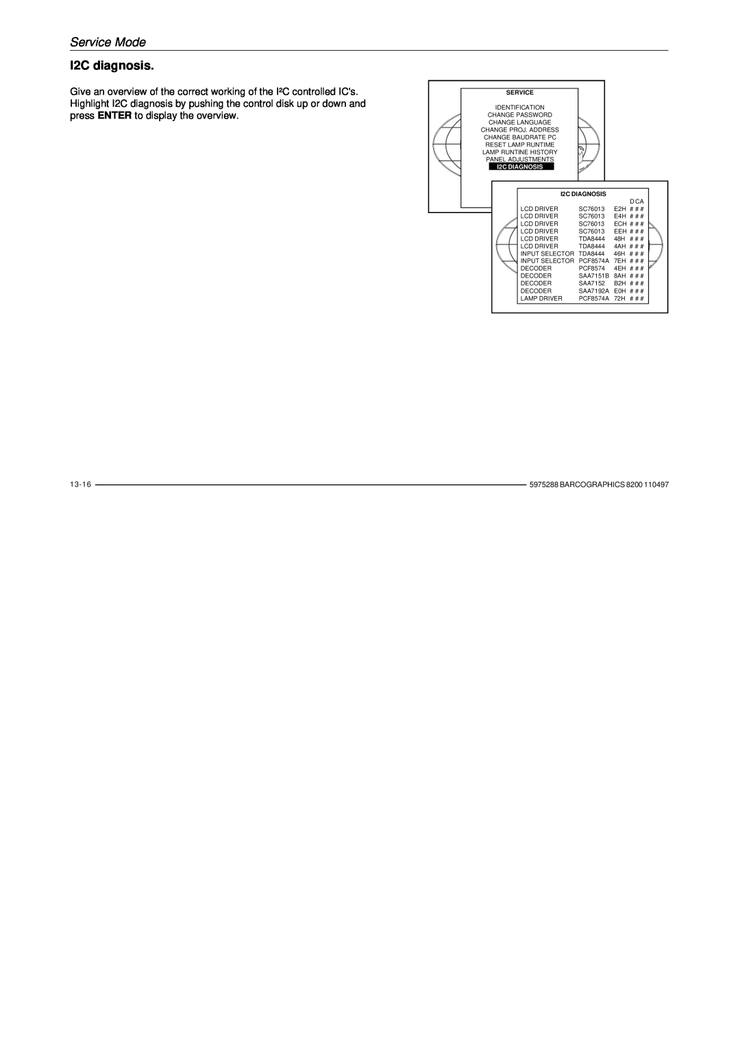 Barco R9001330 owner manual I2C diagnosis, Service Mode, I2C DIAGNOSIS 