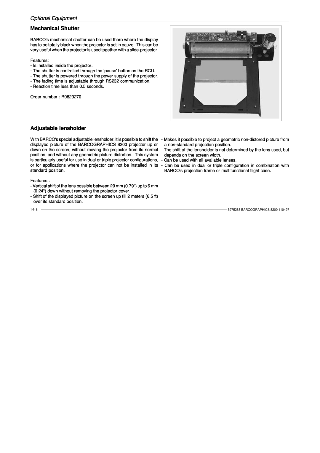 Barco R9001330 owner manual Mechanical Shutter, Adjustable lensholder, Optional Equipment 