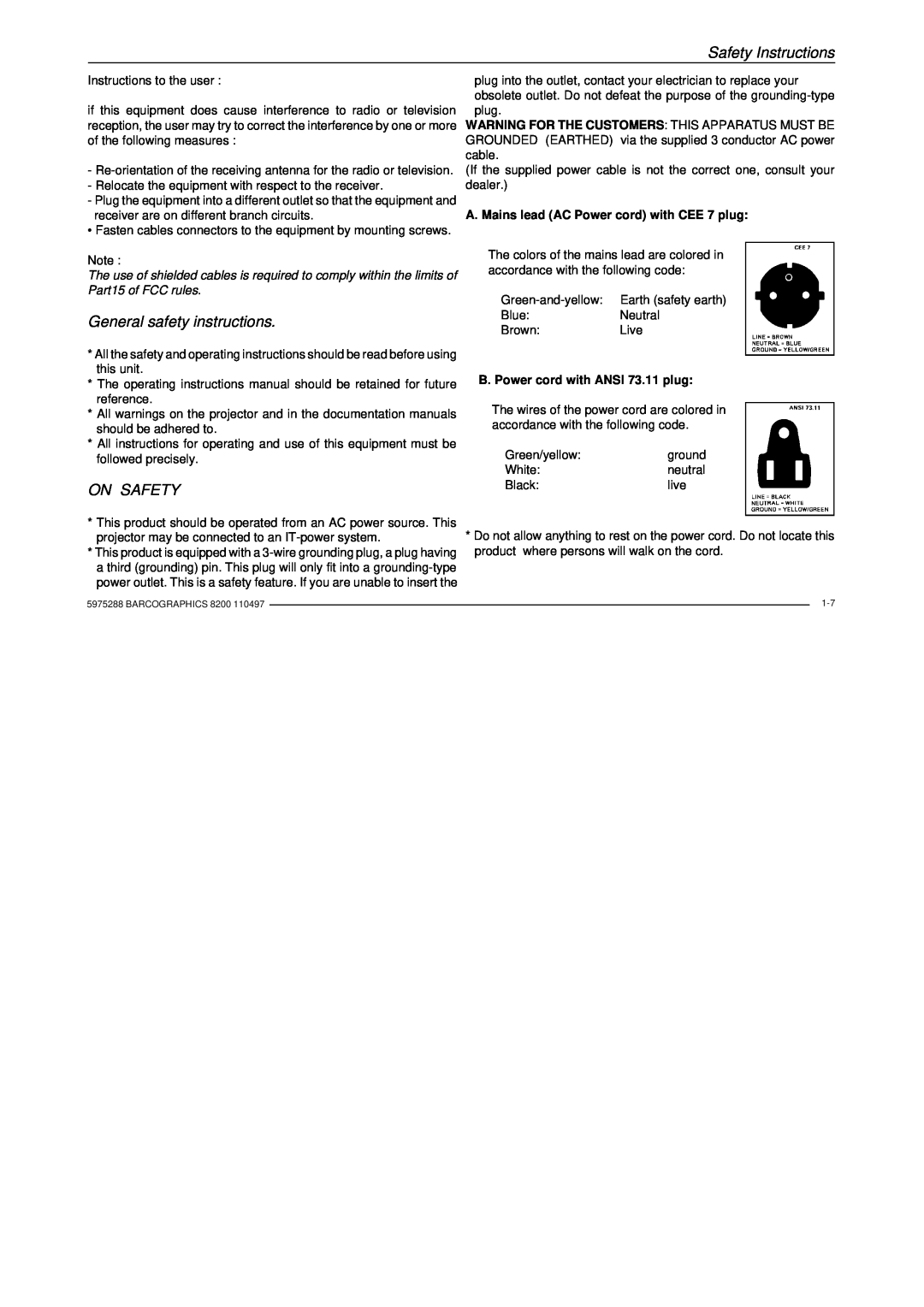 Barco R9001330 General safety instructions, On Safety, A. Mains lead AC Power cord with CEE 7 plug, Safety Instructions 