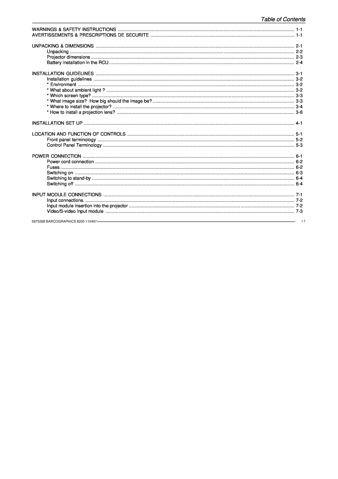 Barco R9001330 owner manual Table of Contents 