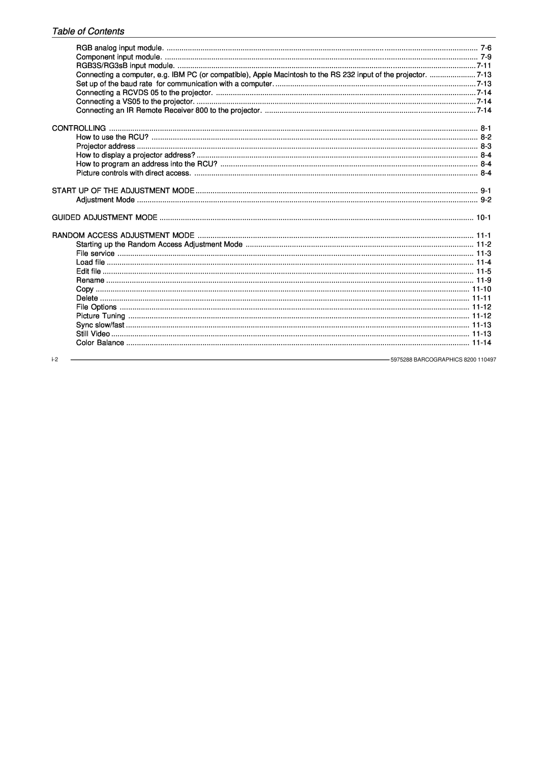 Barco R9001330 owner manual Table of Contents, Set up of the baud rate for communication with a computer 