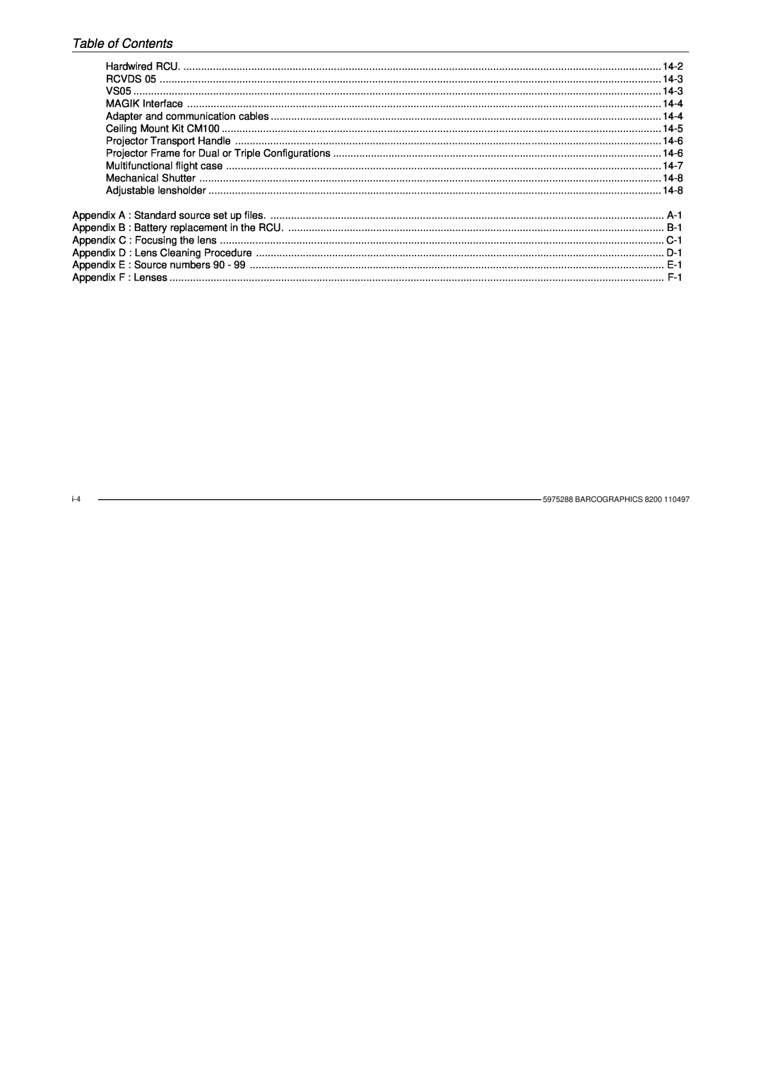 Barco R9001330 owner manual Table of Contents, Hardwired RCU 
