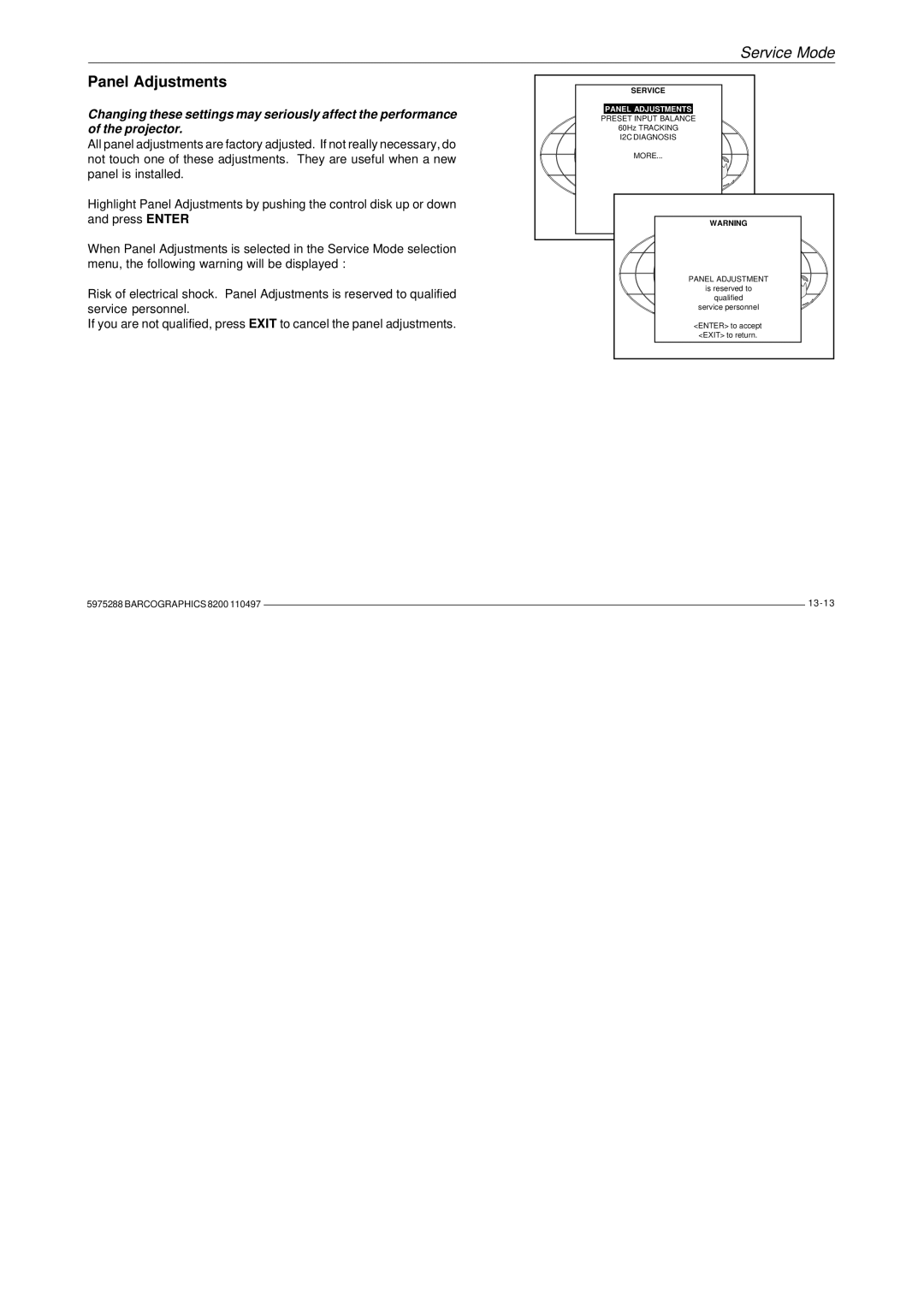 Barco R9001330 owner manual Panel Adjustments 