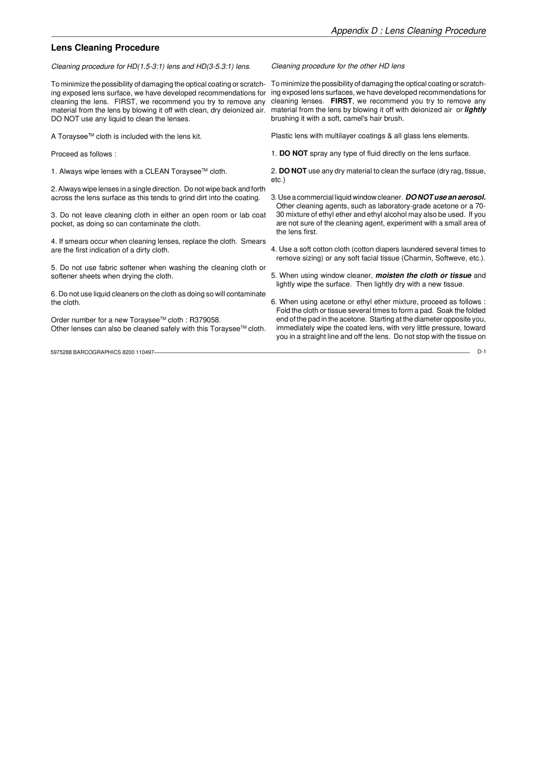 Barco R9001330 owner manual Appendix D Lens Cleaning Procedure 