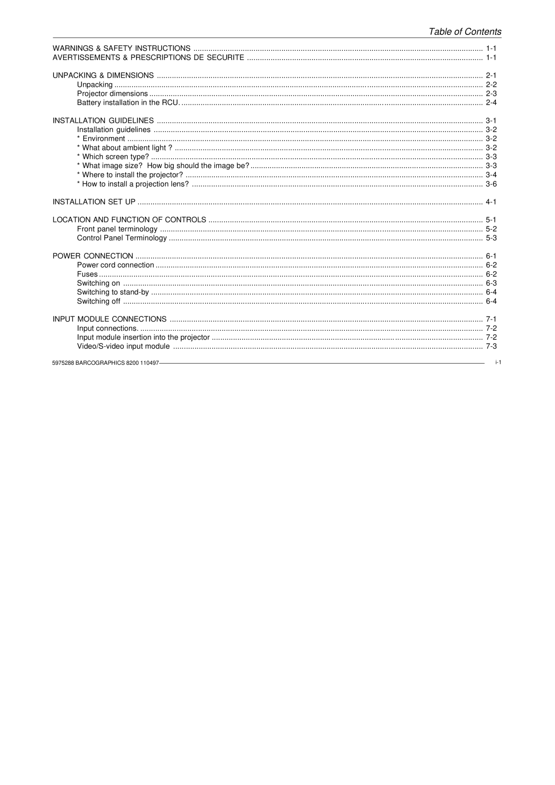 Barco R9001330 owner manual Table of Contents 