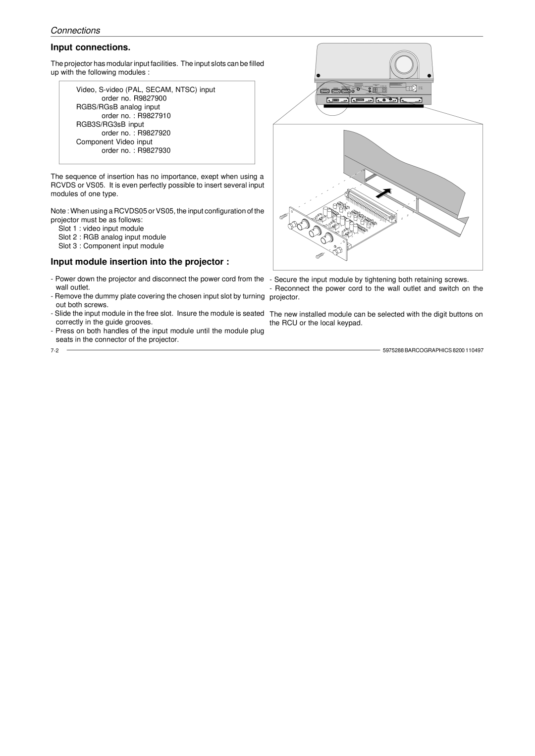 Barco R9001330 owner manual Input connections, Input module insertion into the projector 