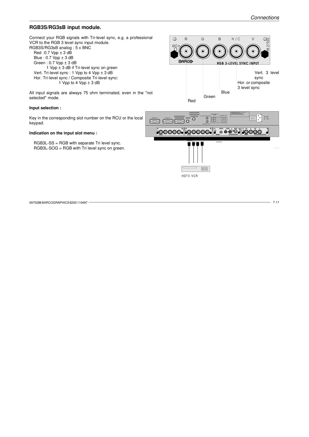 Barco R9001330 owner manual RGB3S/RG3sB input module, Input selection 