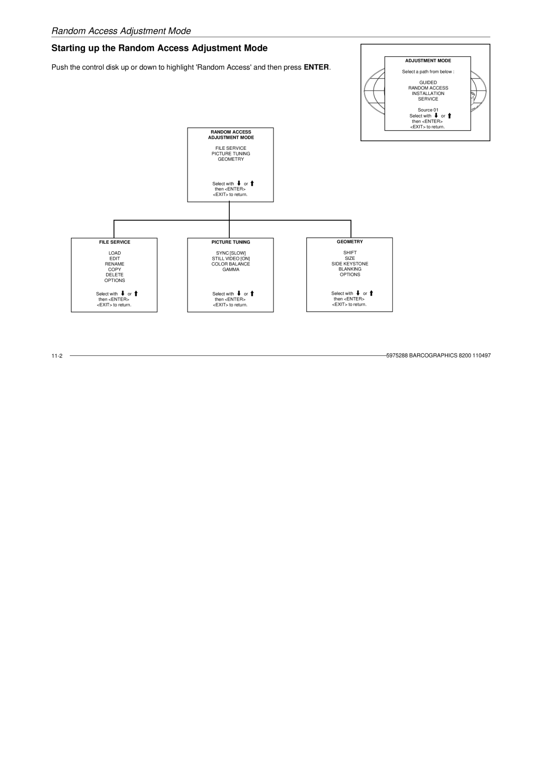 Barco R9001330 owner manual Starting up the Random Access Adjustment Mode 