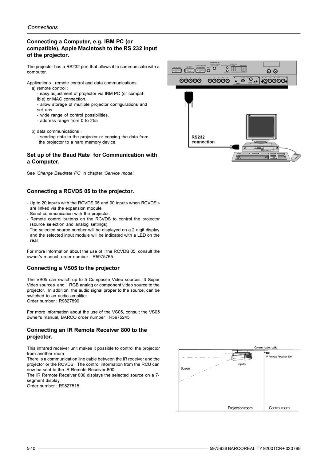 Barco R9001390 manual Set up of the Baud Rate for Communication with a Computer, Connecting a Rcvds 05 to the projector 