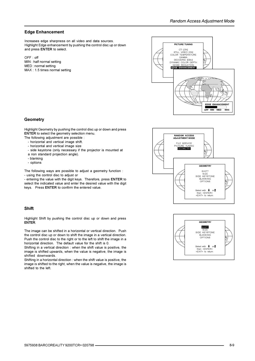 Barco R9001390 manual Edge Enhancement, Geometry, Shift 