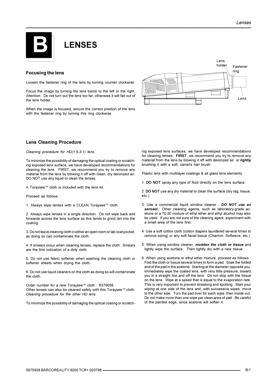 Barco R9001390 manual Lenses, Focusing the lens, Lens Cleaning Procedure 