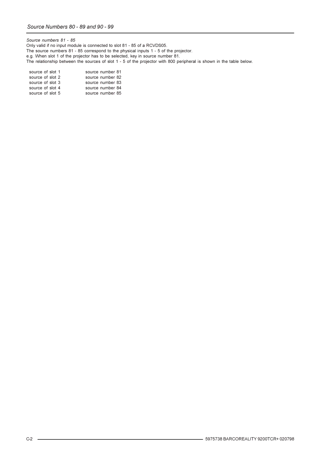 Barco R9001390 manual Source numbers 81 