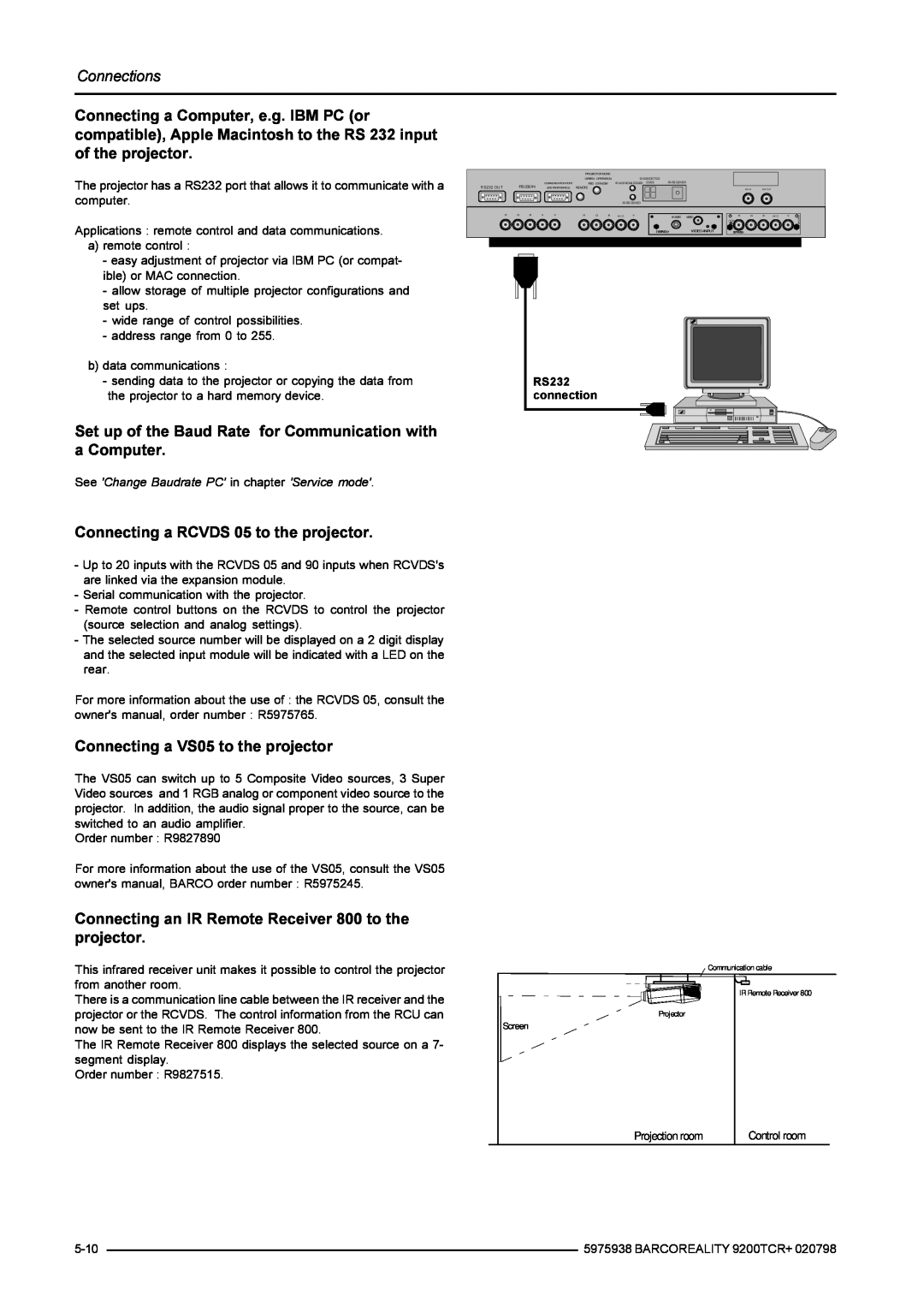 Barco R9001390 manual Set up of the Baud Rate for Communication with a Computer, Connecting a RCVDS 05 to the projector 