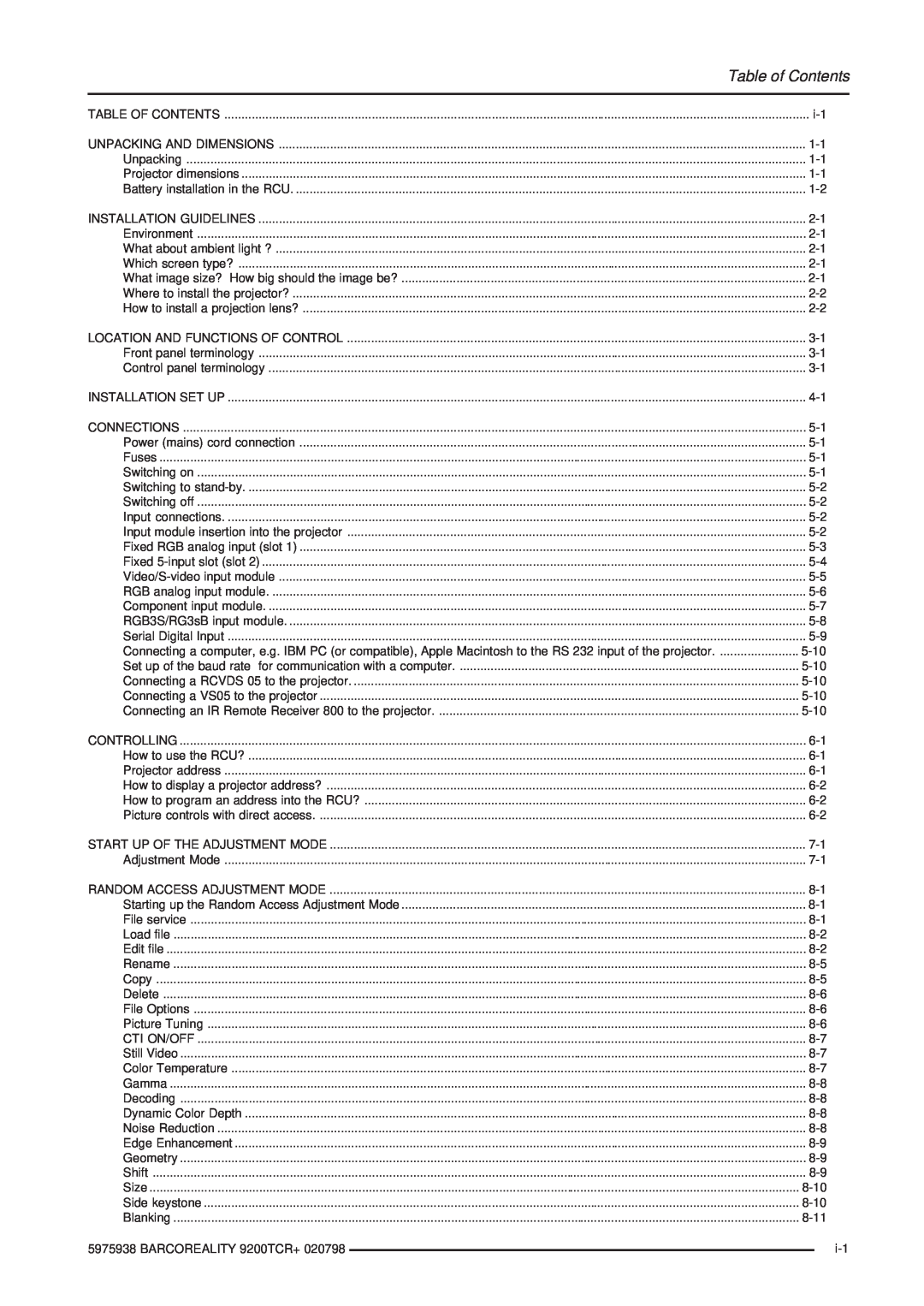 Barco R9001390 manual Table of Contents 