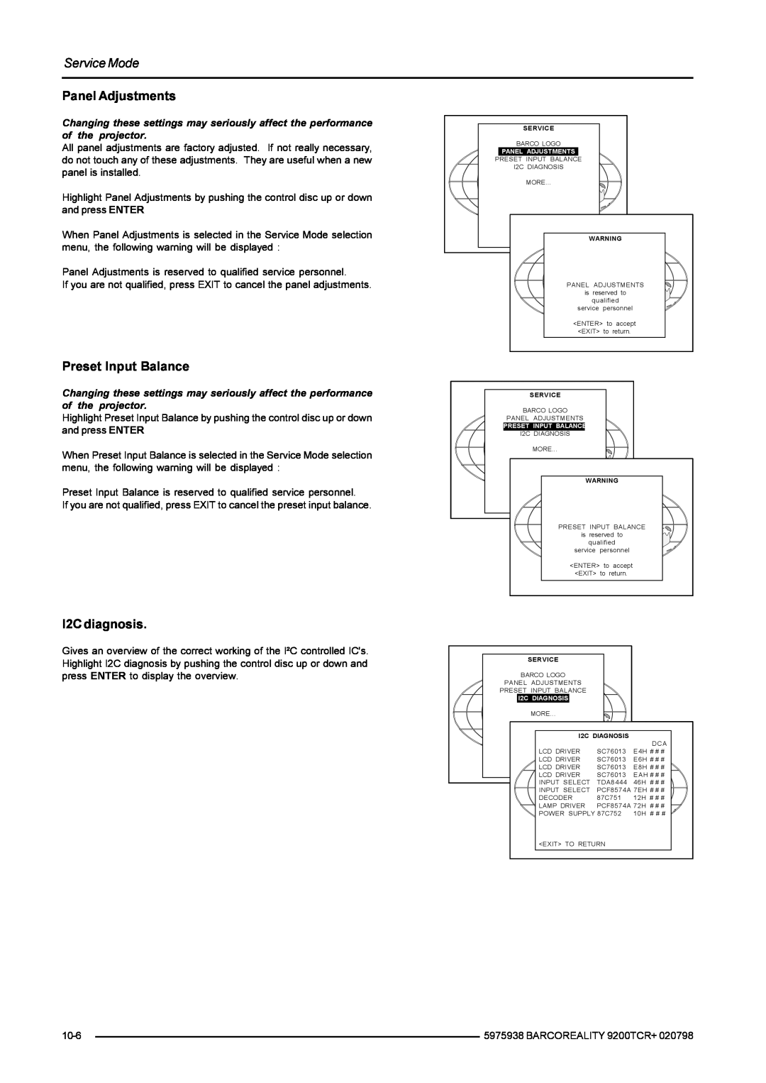 Barco R9001390 manual Panel Adjustments, Preset Input Balance, I2C diagnosis, Service Mode, I2C DIAGNOSIS 