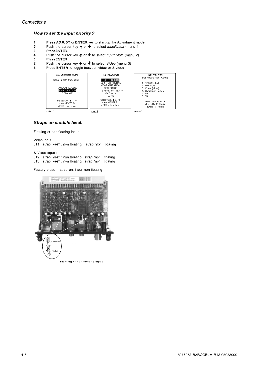 Barco R9001490 owner manual Connections How to set the input priority ?, Straps on module level 