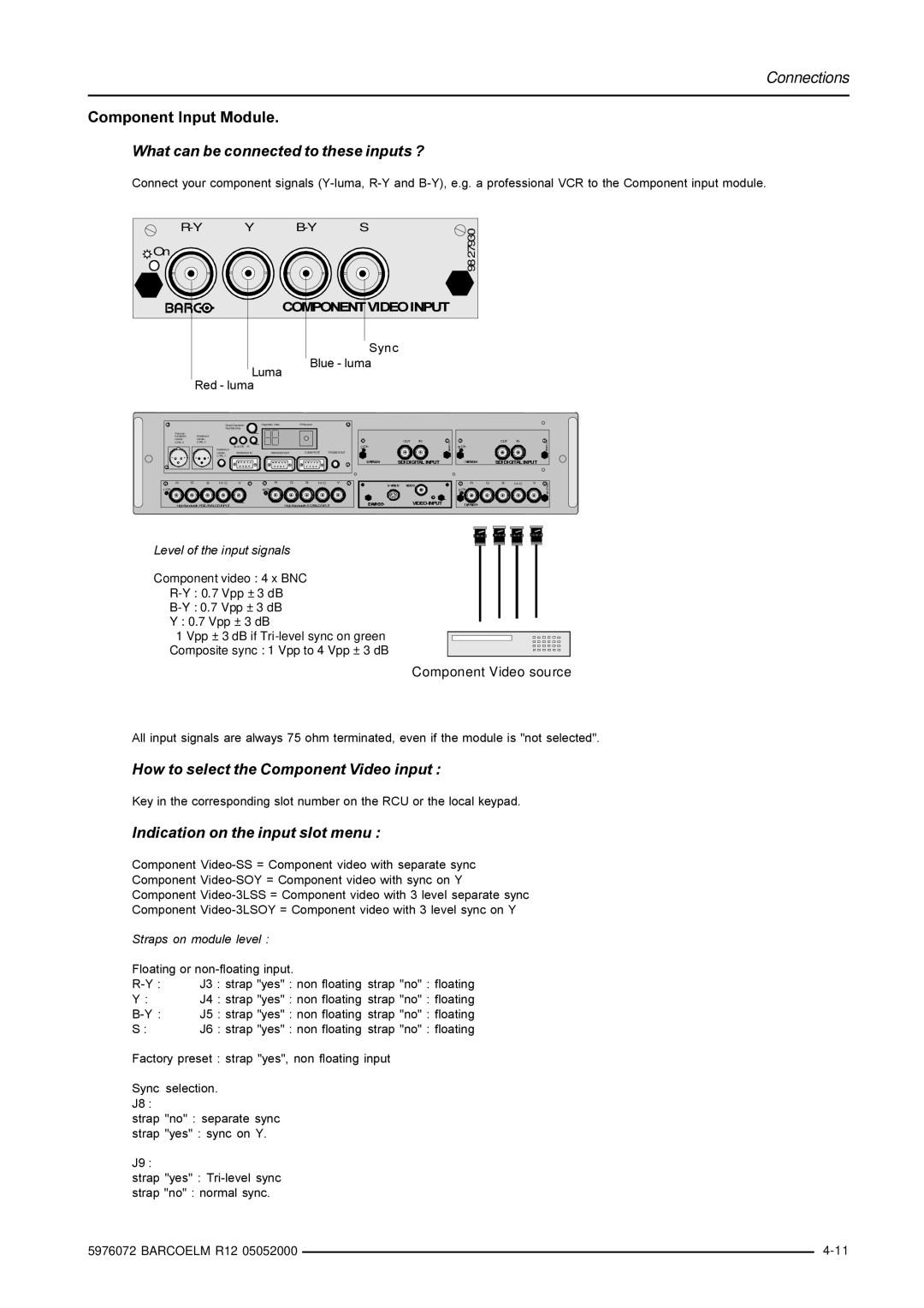 Barco R9001490 owner manual How to select the Component Video input, Indication on the input slot menu 