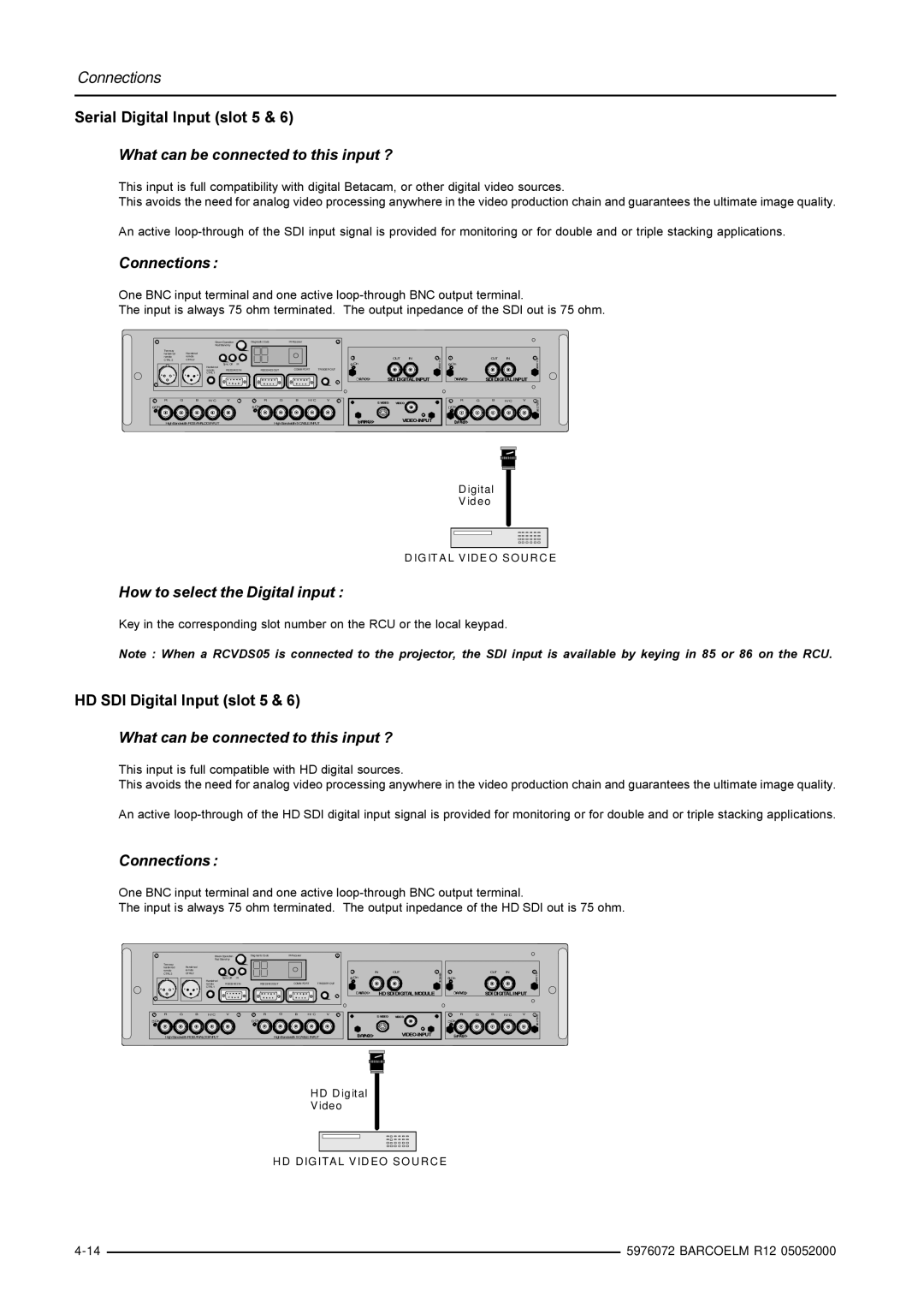 Barco R9001490 owner manual What can be connected to this input ?, Connections, How to select the Digital input 