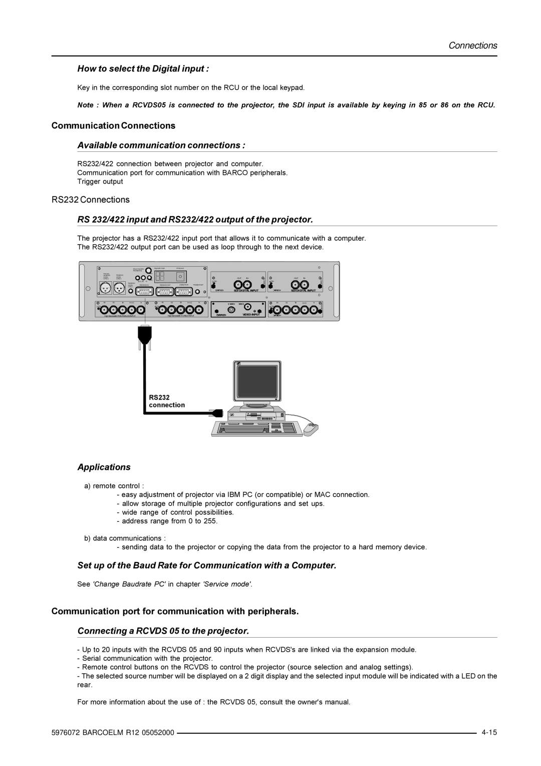 Barco R9001490 owner manual Connections How to select the Digital input 