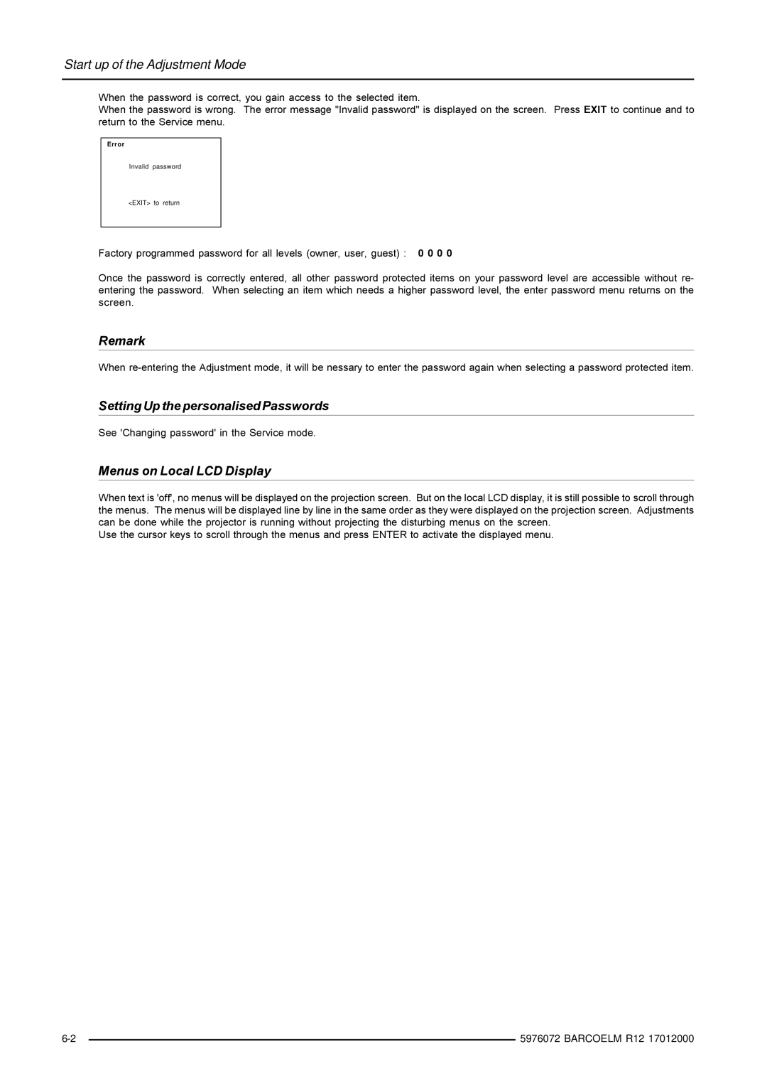 Barco R9001490 owner manual Setting Up the personalised Passwords, Menus on Local LCD Display 