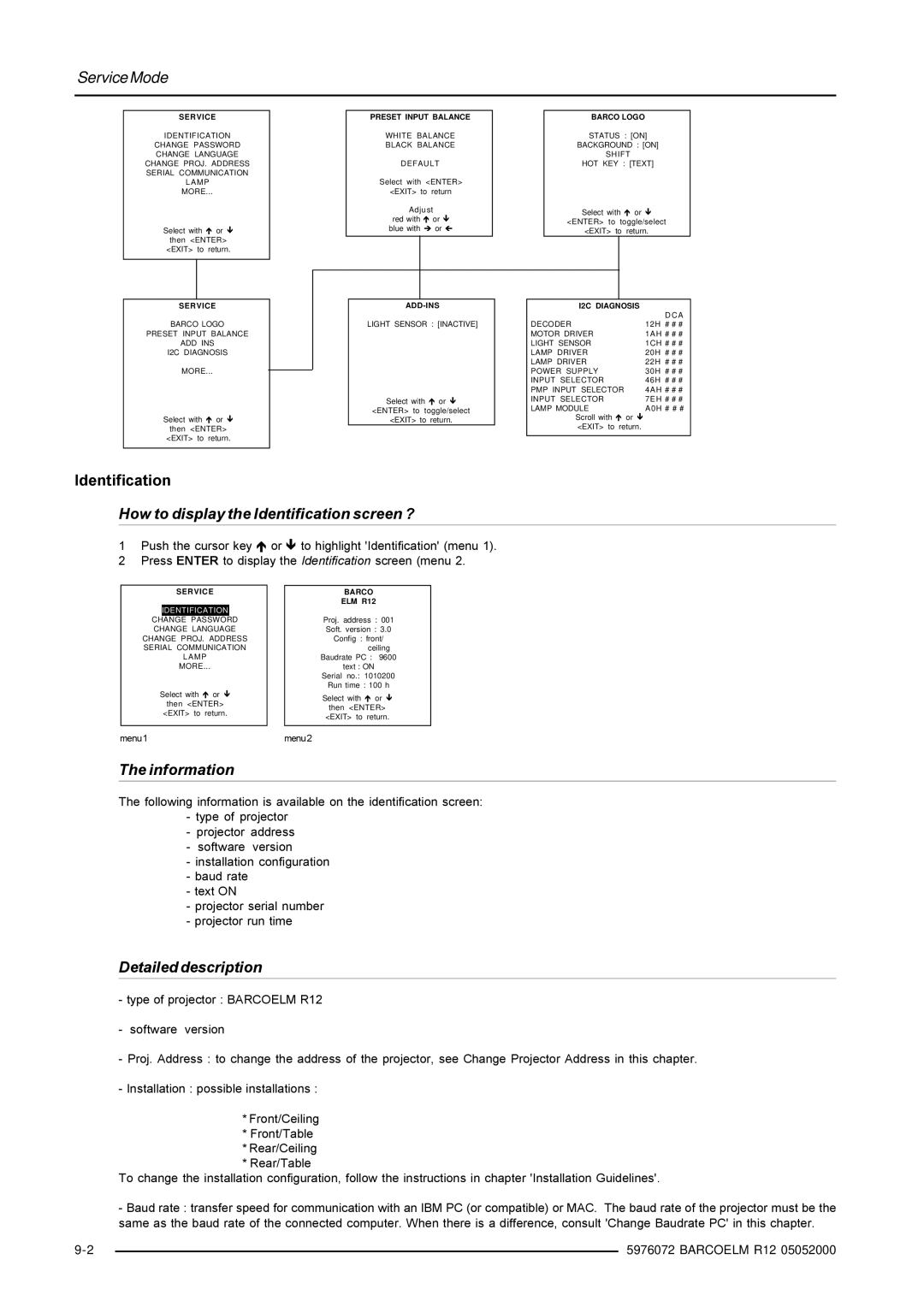 Barco R9001490 owner manual How to display the Identification screen ?, Information, Detailed description 