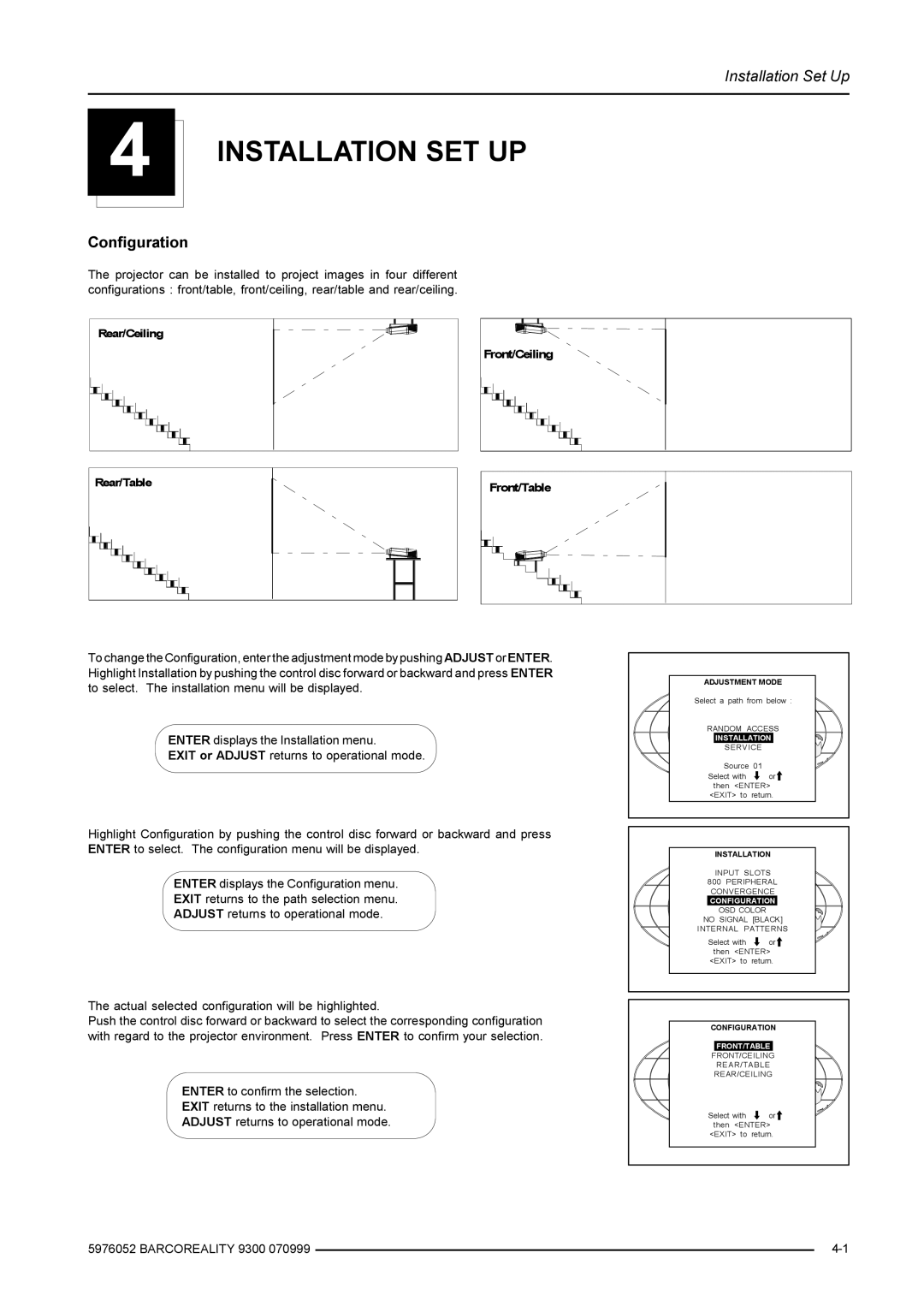 Barco R9001560 manual Installation, Configuration OSD Color, Front/Table 