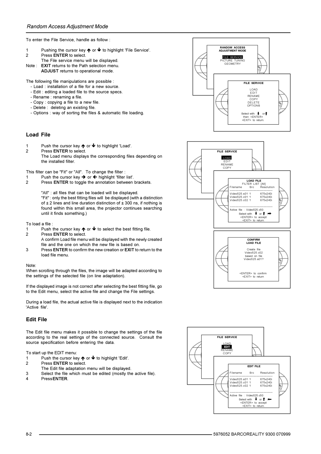 Barco R9001560 manual Load File, Edit File, File Service 